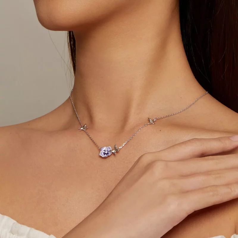 (imagen para) Collar elástico estilo Pandora con flores de pensamiento - BSN336 - Ver 7