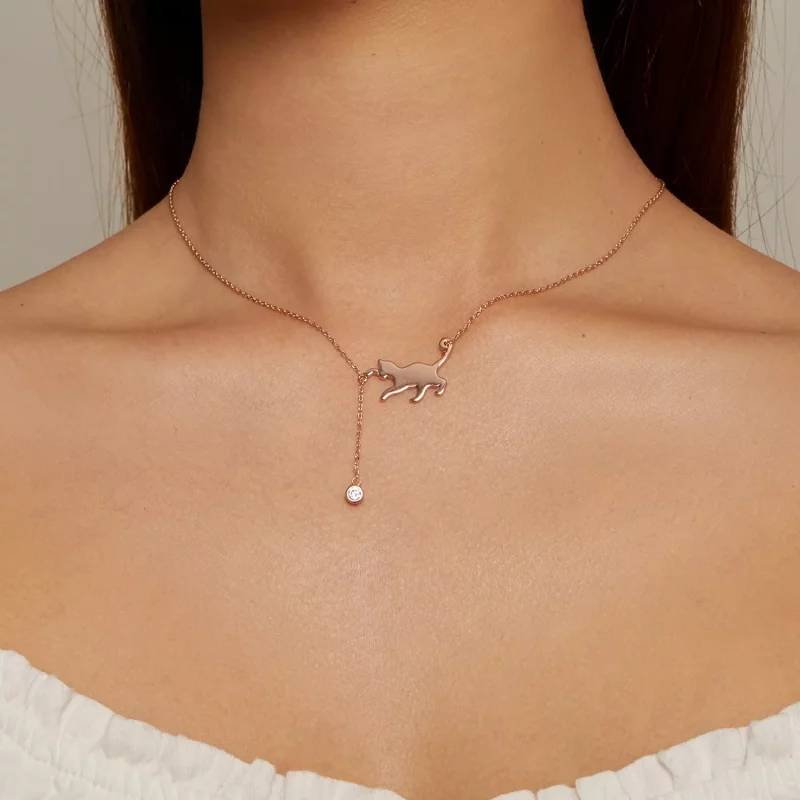 (imagen para) Collar estilo Pandora de oro rosa con colgante de gatito travieso - SCN232-C - Ver 4