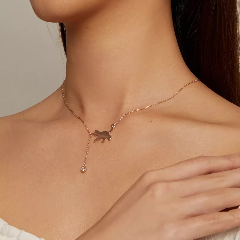 (imagen para) Collar estilo Pandora de oro rosa con colgante de gatito travieso - SCN232-C - Ver 5
