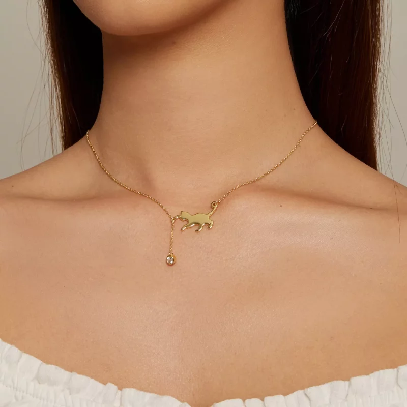 (imagen para) Collar Pandora Style Dorado con Colgante de Gatito Travieso - SCN232-B - Ver 4
