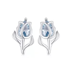 Estos aretes de estilo Pandora con diseño de tulipanes - BSE873 (imagen para) Estos aretes de estilo Pandora con diseño de tulipanes - BSE873