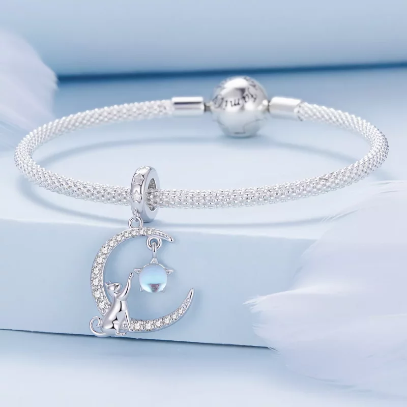 (imagen para) Pendiente colgante estilo Pandora con gato lunar - BSC810 - Ver 3