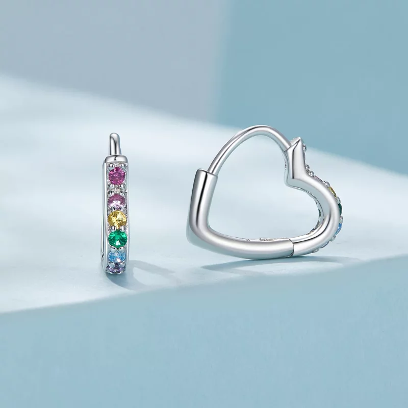 (imagen para) Pendientes de Aro con Corazón Arcoíris al Estilo Pandora - SCE1626-CF - Ver 2