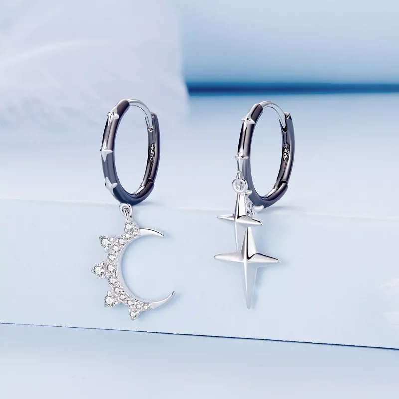 (imagen para) Pendientes de aro con estilo Pandora de estrellas y luna brillante - BSE805 - Ver 2