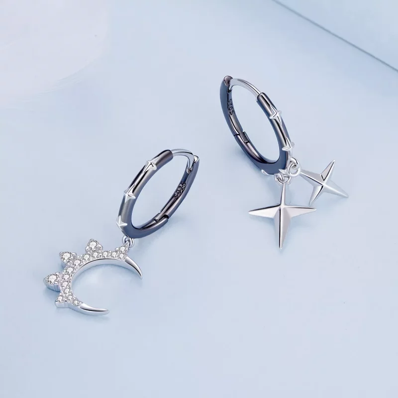 (imagen para) Pendientes de aro con estilo Pandora de estrellas y luna brillante - BSE805 - Ver 3
