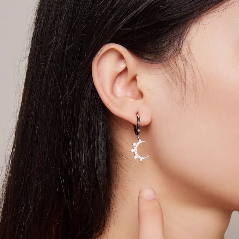 (imagen para) Pendientes de aro con estilo Pandora de estrellas y luna brillante - BSE805 - Ver 7