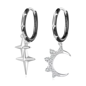 Pendientes de aro con estilo Pandora de estrellas y luna brillante - BSE805 (imagen para) Pendientes de aro con estilo Pandora de estrellas y luna brillante - BSE805
