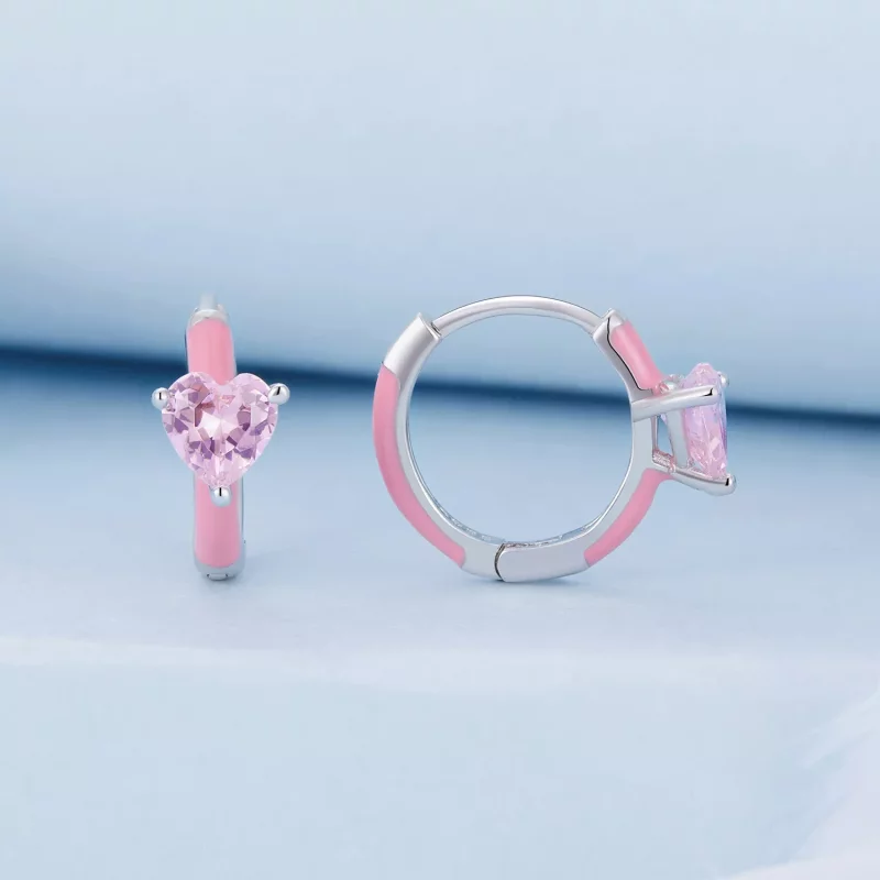 (imagen para) Pendientes de Aro en forma de Corazón Rosa Estilo Pandora - BSE813 - Ver 2