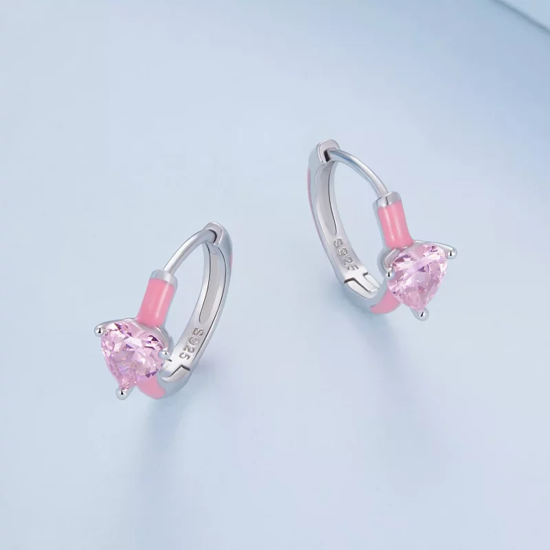 (imagen para) Pendientes de Aro en forma de Corazón Rosa Estilo Pandora - BSE813 - Ver 3
