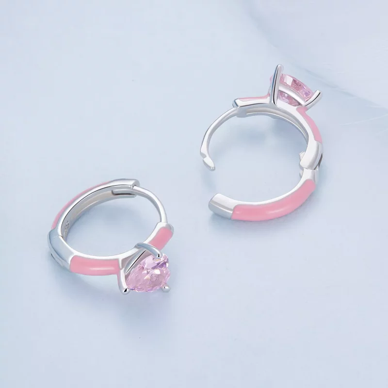 (imagen para) Pendientes de Aro en forma de Corazón Rosa Estilo Pandora - BSE813 - Ver 4