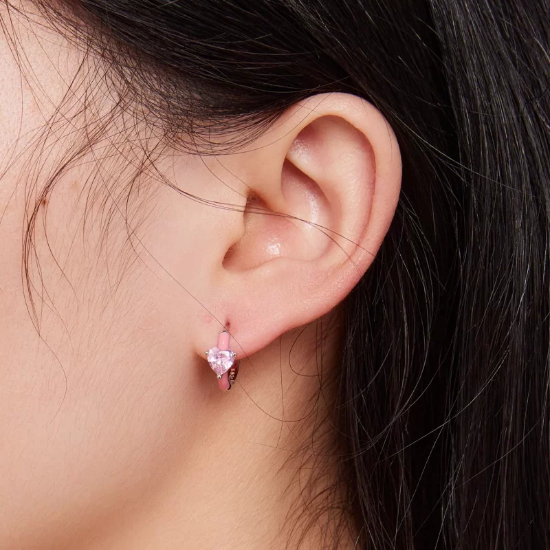 (imagen para) Pendientes de Aro en forma de Corazón Rosa Estilo Pandora - BSE813 - Ver 6