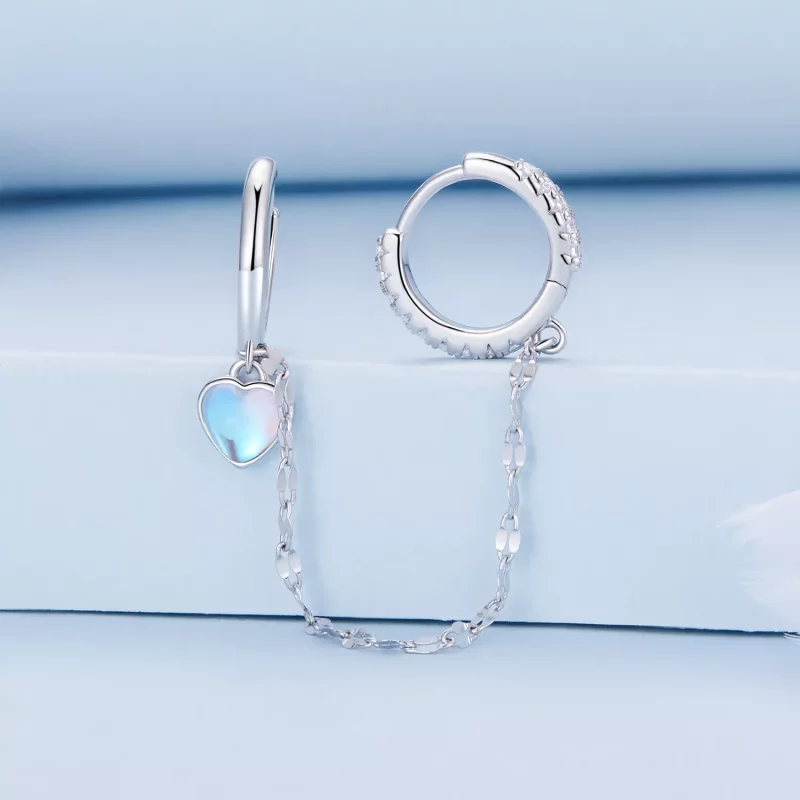 (imagen para) Pendientes de doble aro con cadena y piedra lunar en forma de corazón estilo Pan - Ver 2