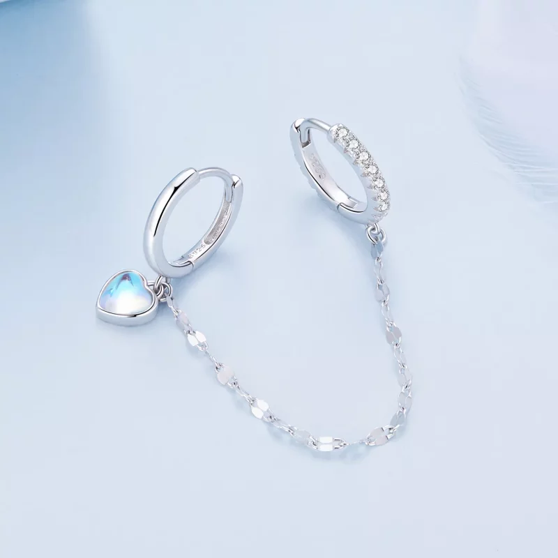 (imagen para) Pendientes de doble aro con cadena y piedra lunar en forma de corazón estilo Pan - Ver 3