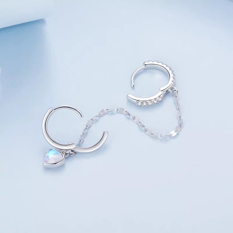 (imagen para) Pendientes de doble aro con cadena y piedra lunar en forma de corazón estilo Pan - Ver 4