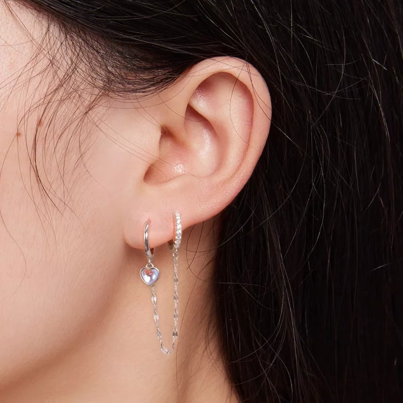 (imagen para) Pendientes de doble aro con cadena y piedra lunar en forma de corazón estilo Pan - Ver 5