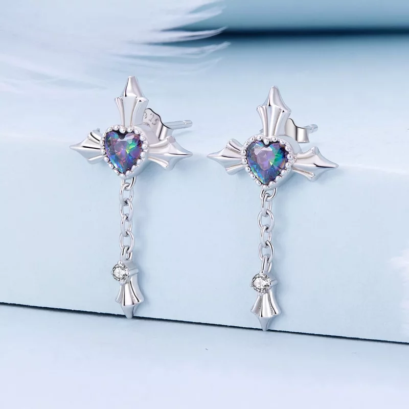 (imagen para) Pendientes de estilo Pandora con cadena y cruz - BSE912 - Ver 2