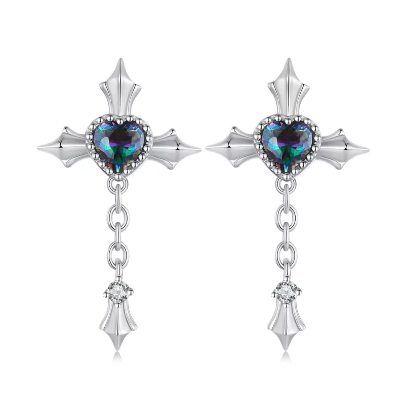 (imagen para) Pendientes de estilo Pandora con cadena y cruz - BSE912