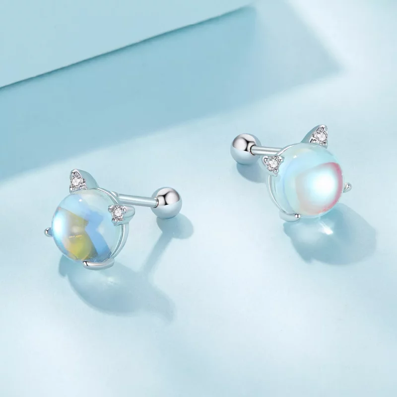 (imagen para) Pendientes de perno prisioneros de piedra lunar de gato estilo Pandora - SCE1622 - Ver 4