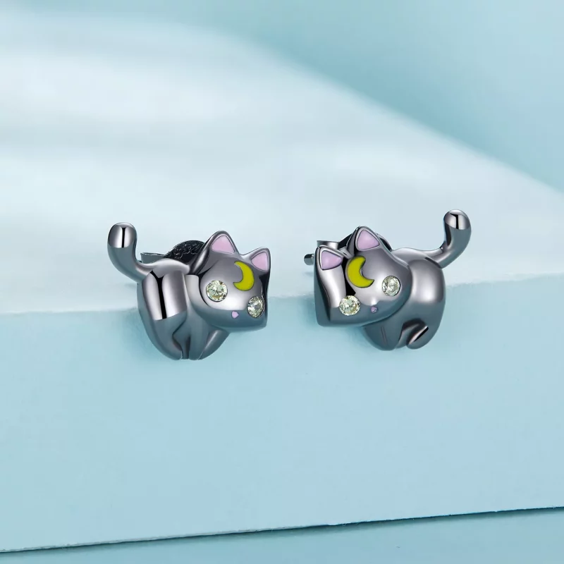 (imagen para) Pendientes de Tachuelas con Estilo Pandora de Gatito Lunar - SCE1584 - Ver 2