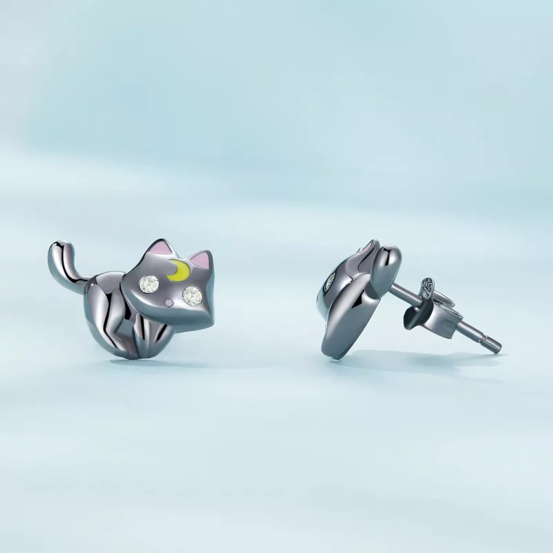 (imagen para) Pendientes de Tachuelas con Estilo Pandora de Gatito Lunar - SCE1584 - Ver 3