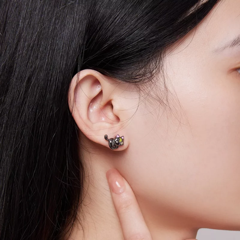 (imagen para) Pendientes de Tachuelas con Estilo Pandora de Gatito Lunar - SCE1584 - Ver 5