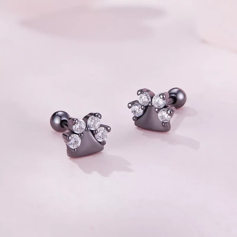 (imagen para) Pendientes de Tuerca Estilo Pandora con Huellas de Perro Negras - SCE1575 - Ver 2