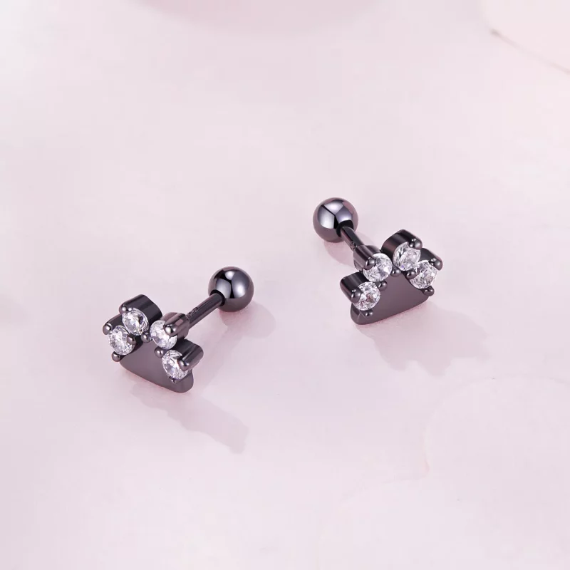 (imagen para) Pendientes de Tuerca Estilo Pandora con Huellas de Perro Negras - SCE1575 - Ver 3