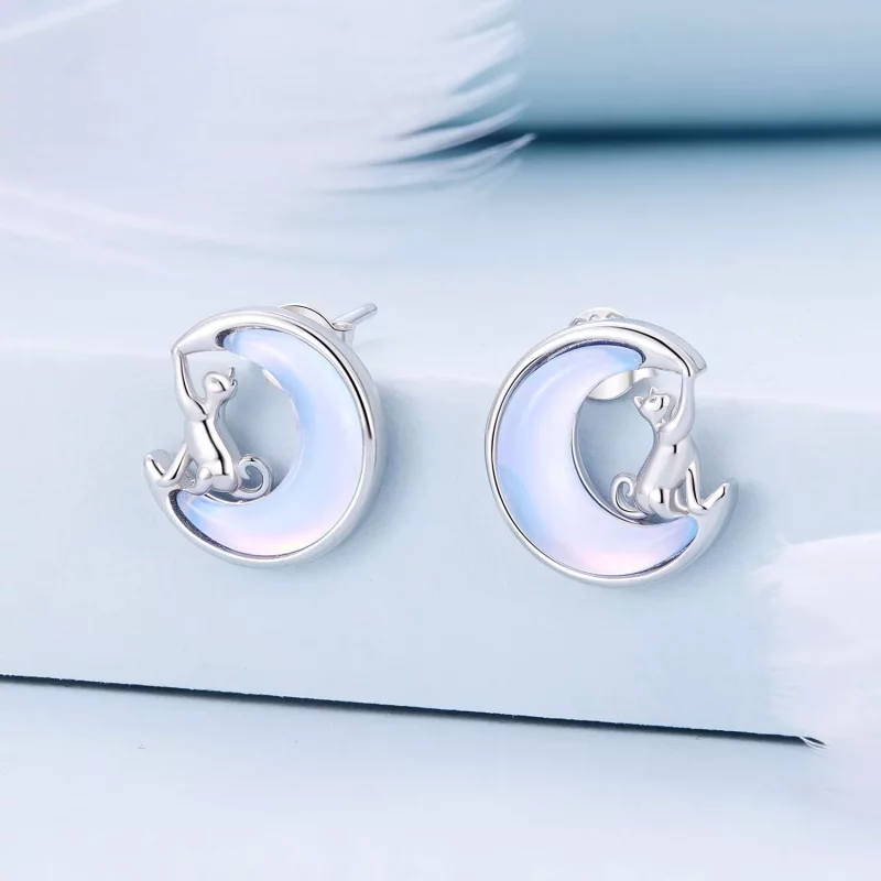 (imagen para) Pendientes de Tuerca Estilo Pandora con Luna y Gato - BSE913 - Ver 2