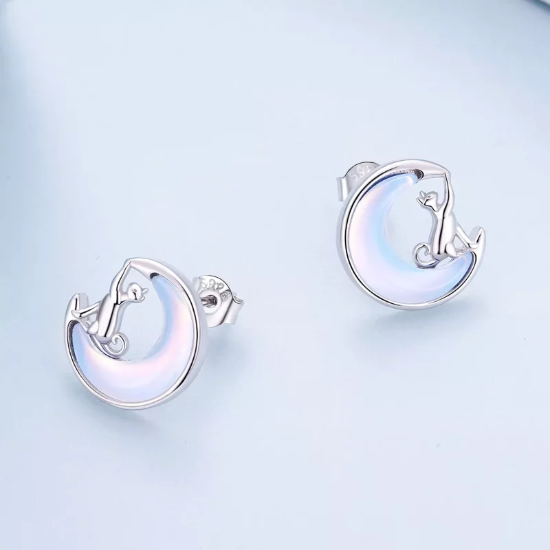 (imagen para) Pendientes de Tuerca Estilo Pandora con Luna y Gato - BSE913 - Ver 3