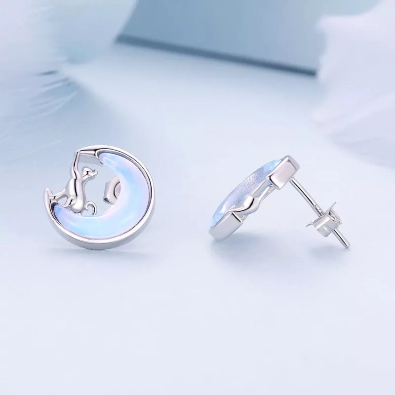 (imagen para) Pendientes de Tuerca Estilo Pandora con Luna y Gato - BSE913 - Ver 4