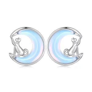 (imagen para) Pendientes de Tuerca Estilo Pandora con Luna y Gato - BSE913