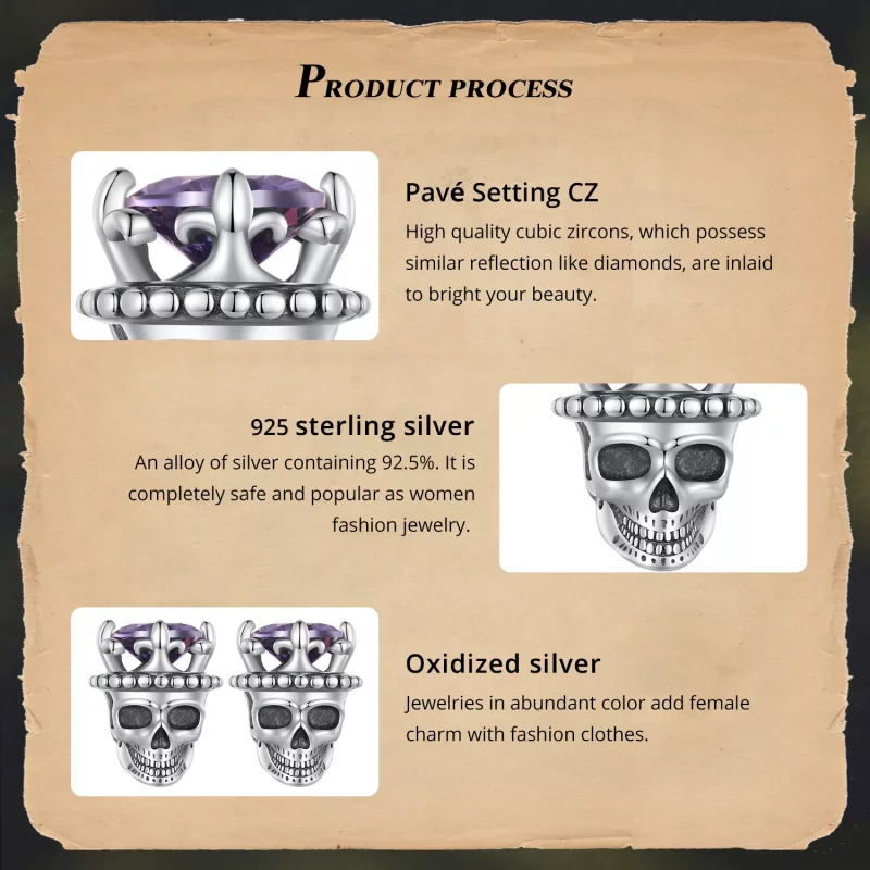 (imagen para) Pendientes estilo Pandora Skeleton King Studs - BSE892 - Ver 5