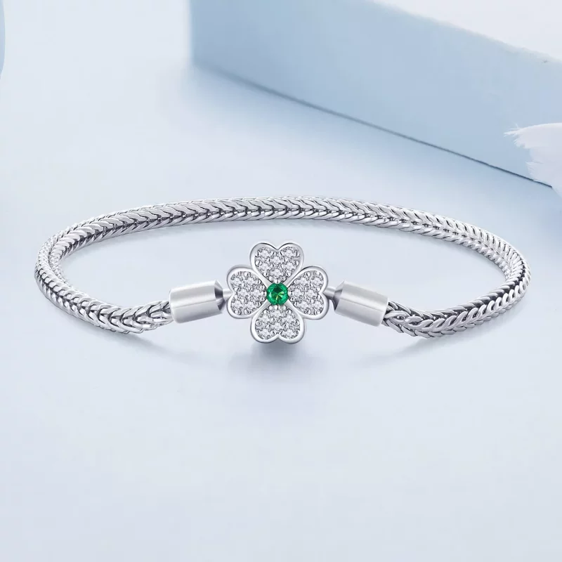 (imagen para) Pulsera de cadena con trébol de cuatro hojas de zirconia verde estilo Pandora - - Ver 2