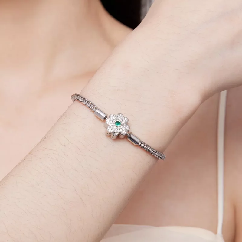 (imagen para) Pulsera de cadena con trébol de cuatro hojas de zirconia verde estilo Pandora - - Ver 7