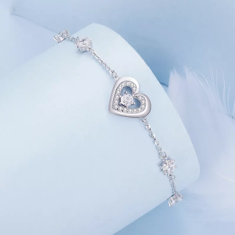 (imagen para) Pulsera de cadena doble con dos corazones brillantes estilo Pandora - BSB136 - Ver 3
