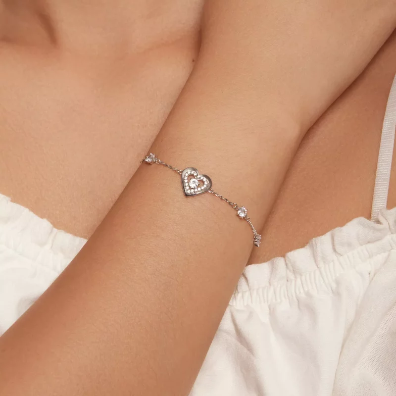 (imagen para) Pulsera de cadena doble con dos corazones brillantes estilo Pandora - BSB136 - Ver 4