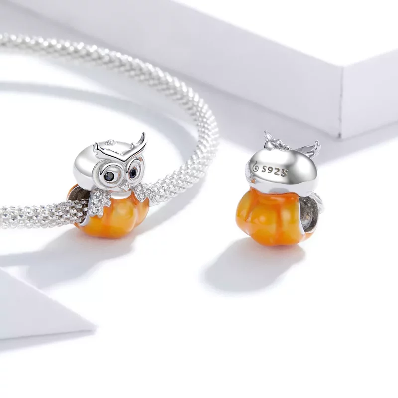 (imagen para) Charm de calabaza y búho de plata estilo Pandora - BSC342 - Ver 4