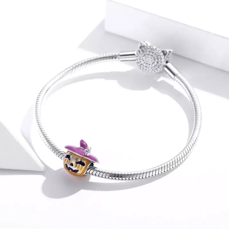 (imagen para) Charm de calabazas de Halloween plateadas estilo Pandora - BSC329 - Ver 3