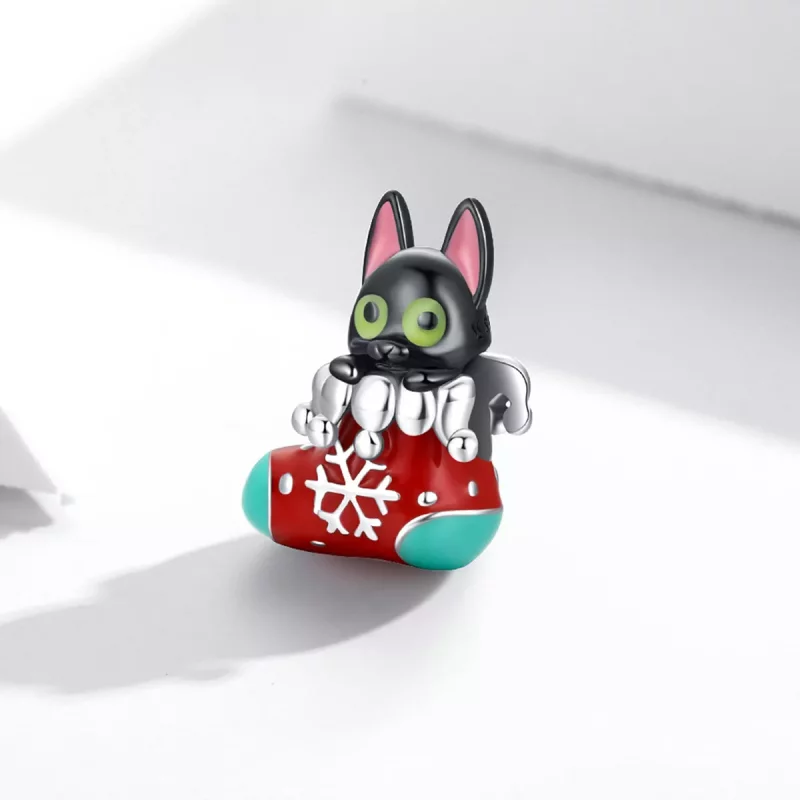 (imagen para) Charm de gatito con medias navideñas de plata al estilo Pandora - SCC2036 - Ver 2
