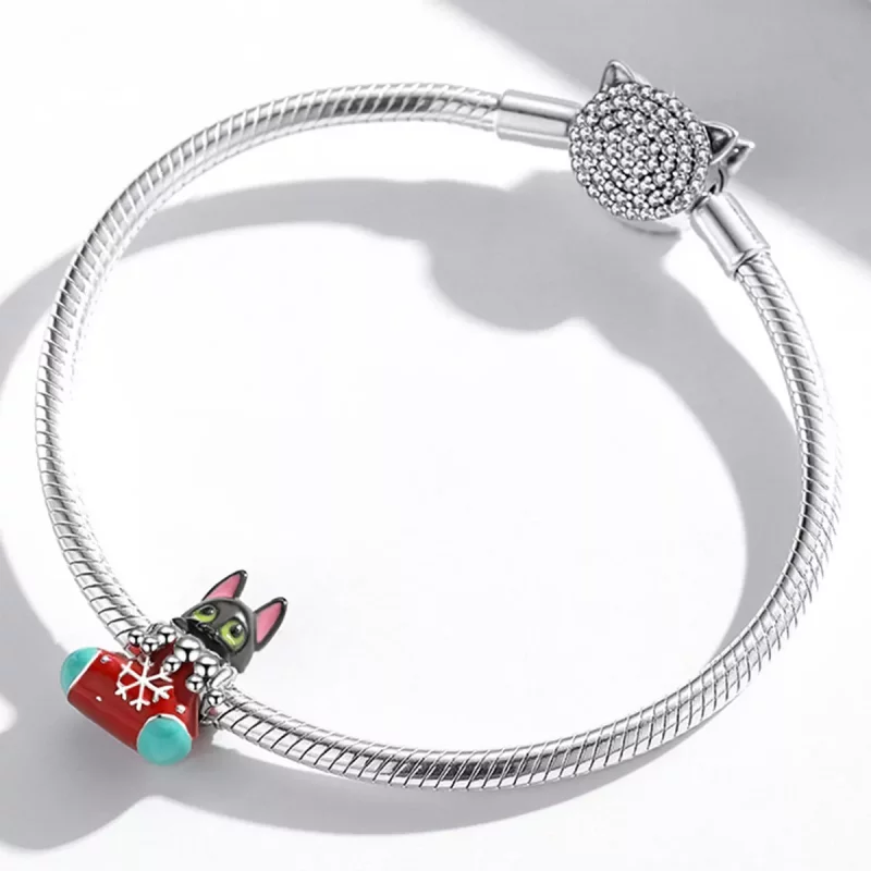 (imagen para) Charm de gatito con medias navideñas de plata al estilo Pandora - SCC2036 - Ver 3