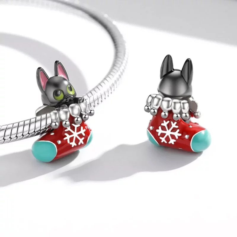(imagen para) Charm de gatito con medias navideñas de plata al estilo Pandora - SCC2036 - Ver 4