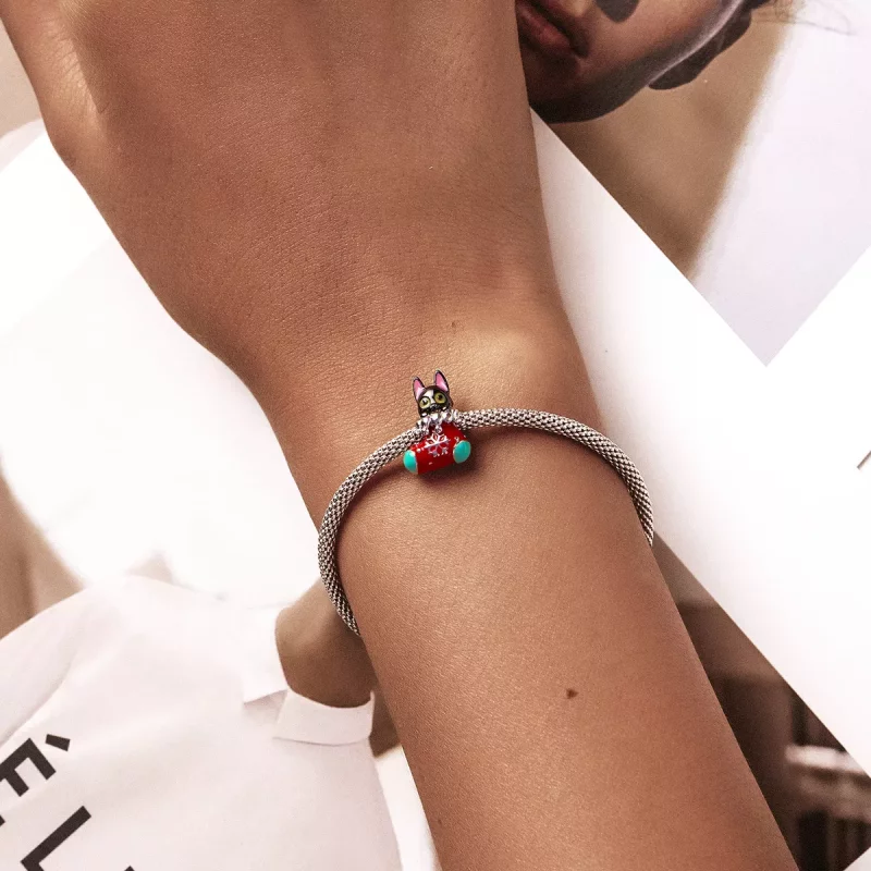 (imagen para) Charm de gatito con medias navideñas de plata al estilo Pandora - SCC2036 - Ver 5