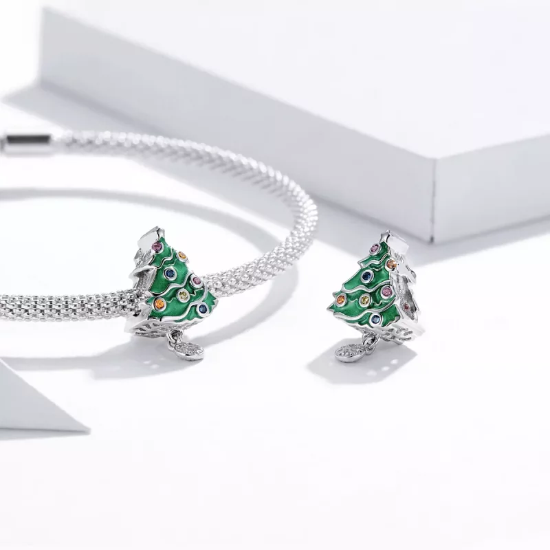 (imagen para) Charm en estilo Pandora de color plateado con un árbol de Navidad colorido - BSC - Ver 4