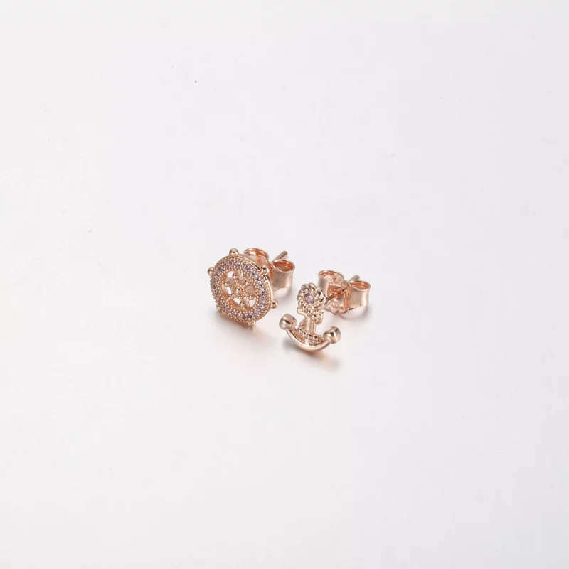 (imagen para) PANDORA Oro rosa Aretes con timón y ancla brillantes - P-D-3739 - Ver 2