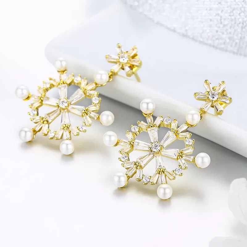 (imagen para) Pendientes colgantes de copos de nieve de plata estilo Pandora - BSE073 - Ver 2