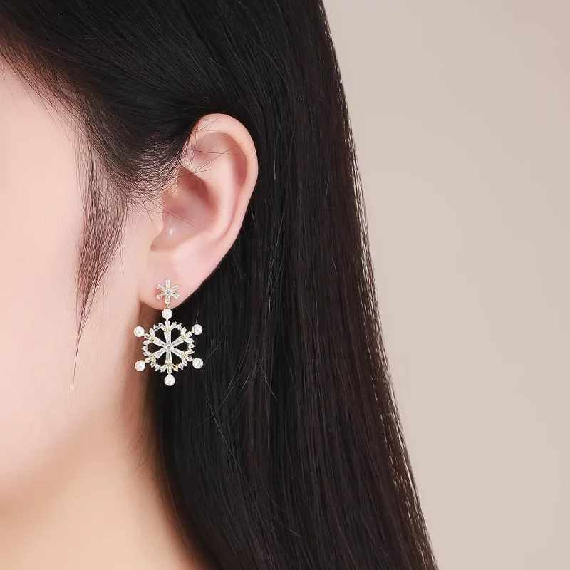 (imagen para) Pendientes colgantes de copos de nieve de plata estilo Pandora - BSE073 - Ver 5