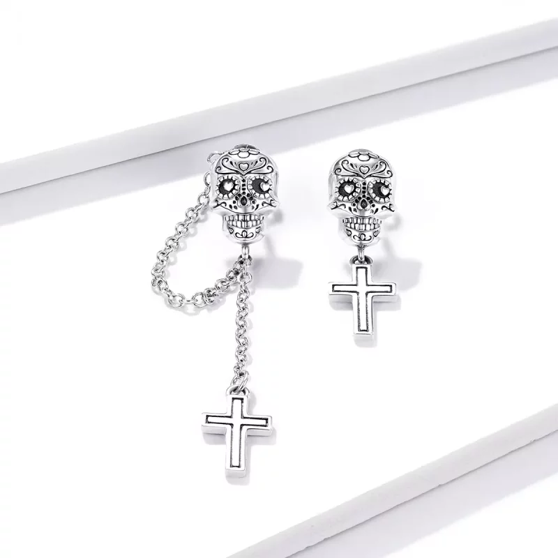 (imagen para) Pendientes colgantes de estilo Pandora con calavera y cruz de plata - BSE419 - Ver 2