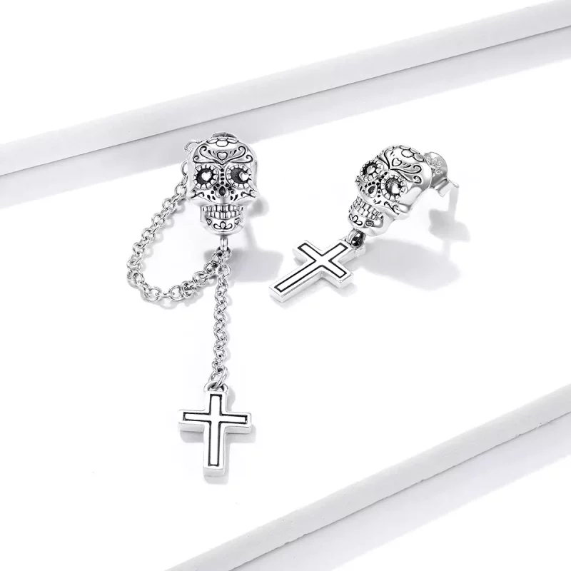 (imagen para) Pendientes colgantes de estilo Pandora con calavera y cruz de plata - BSE419 - Ver 3