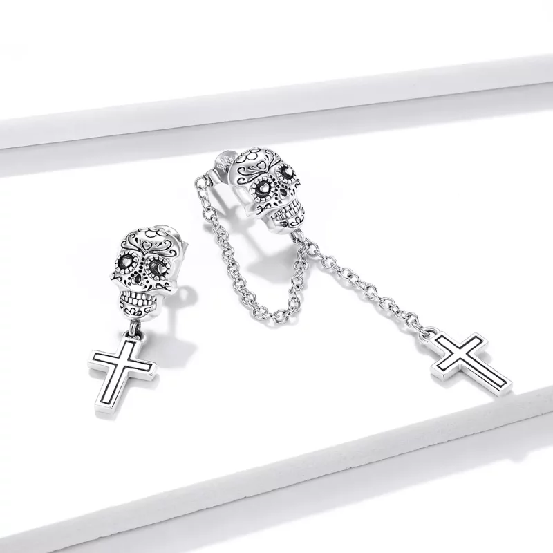 (imagen para) Pendientes colgantes de estilo Pandora con calavera y cruz de plata - BSE419 - Ver 4