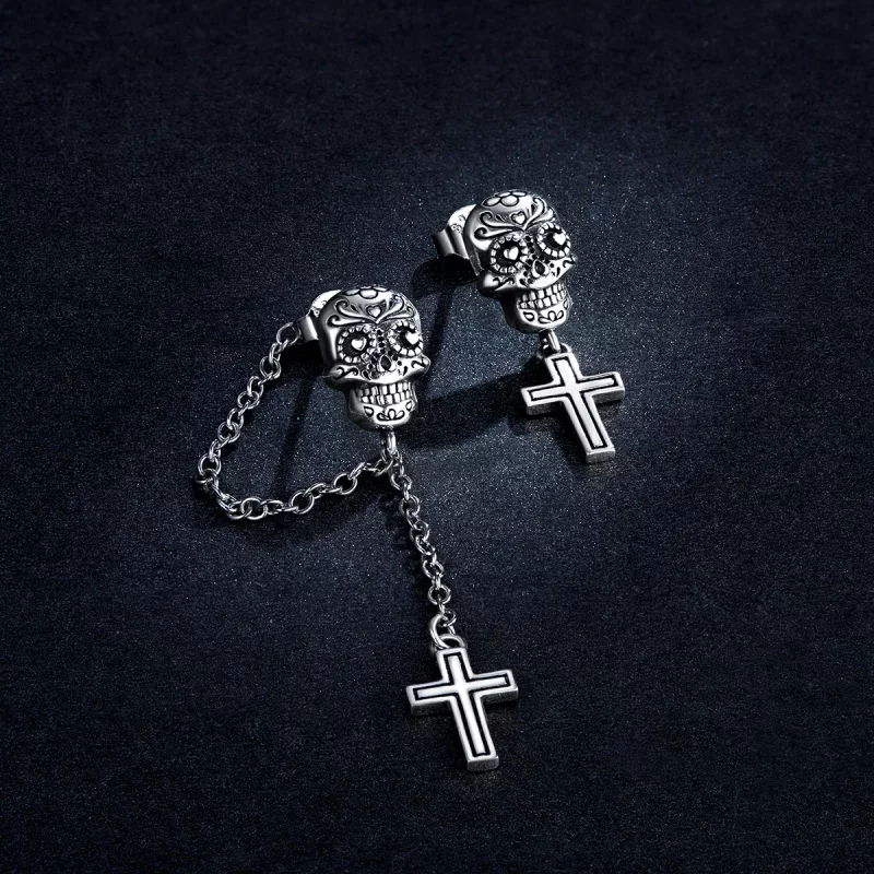 (imagen para) Pendientes colgantes de estilo Pandora con calavera y cruz de plata - BSE419 - Ver 5